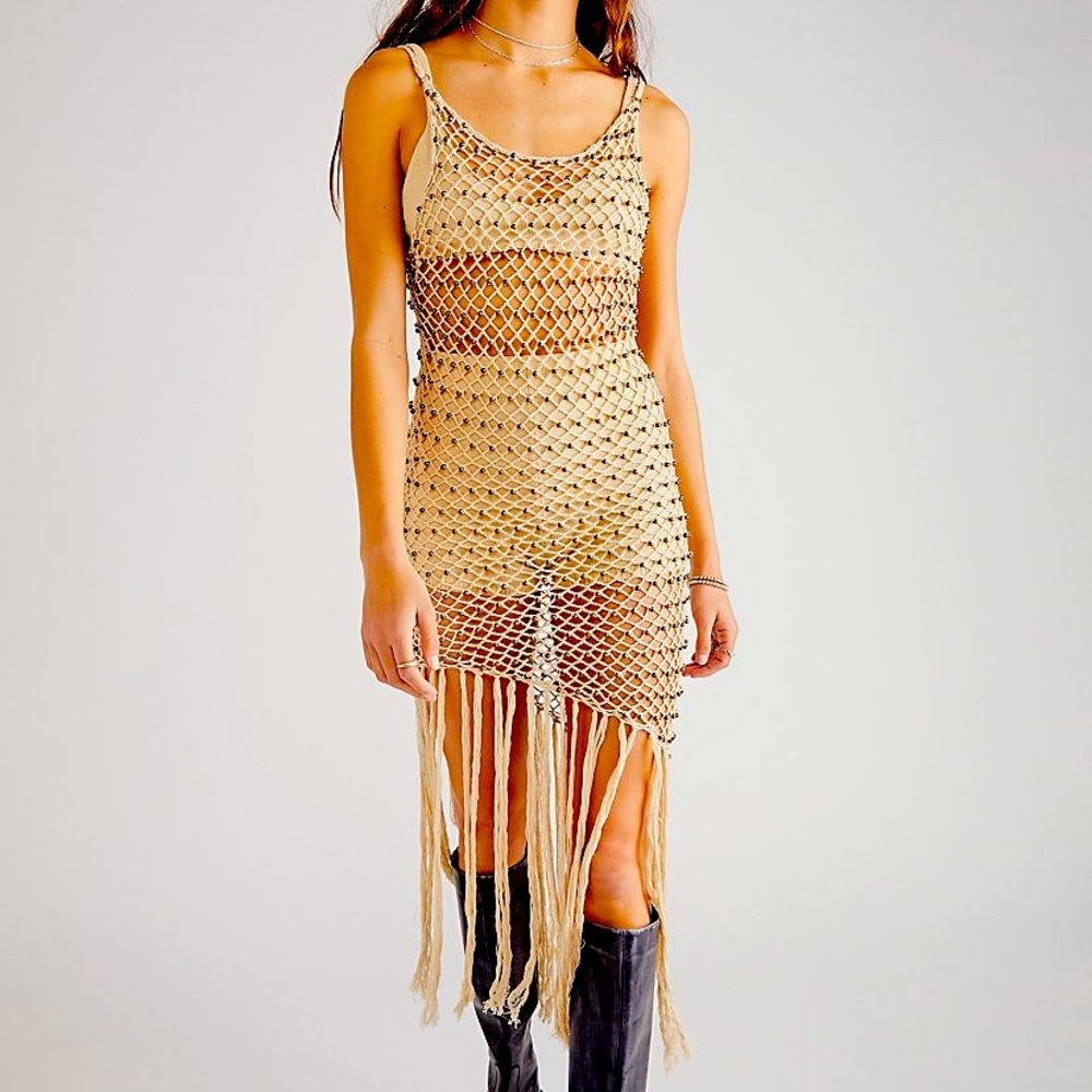 FLOOK FOR FREE PEOPLE CARE ARTISANAL OPEN KNIT CROCHET WITH ALLOVER BEADING S
